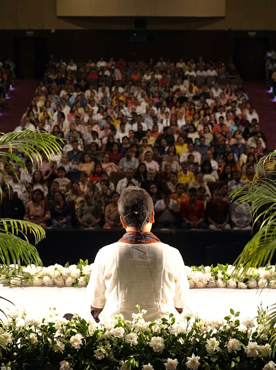 Prateek Chaitanya leading a meditation before a full auditorium